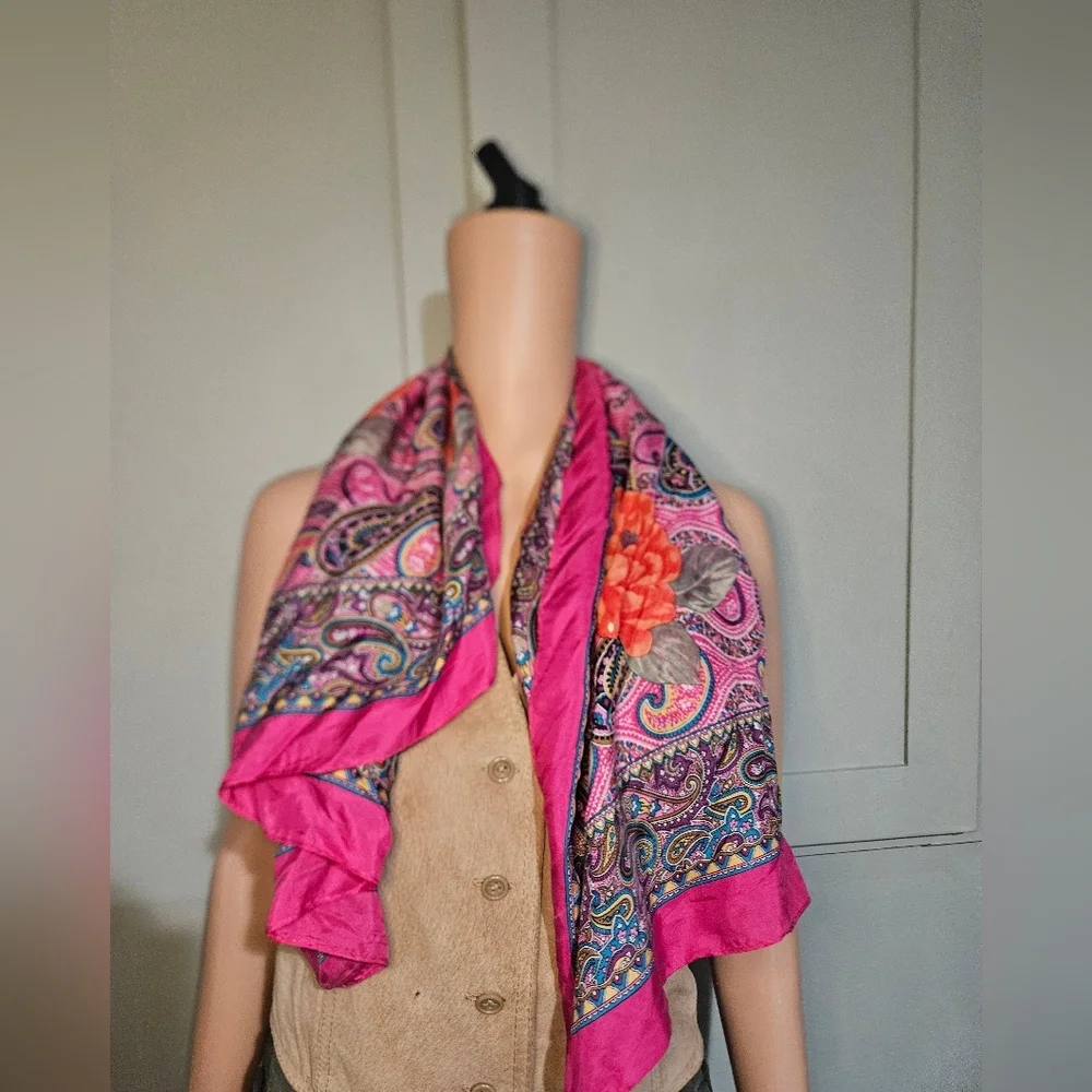 Adrienne Vittadini 100% Silk Paisley Floral Scarf Wrap Shawl. Magenta Pink Multi